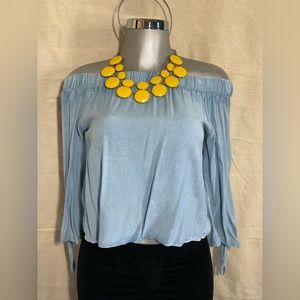 STYLE ENVY, Women Blue Soft Jean Shirt, Off the Shoulder with slit on ba…